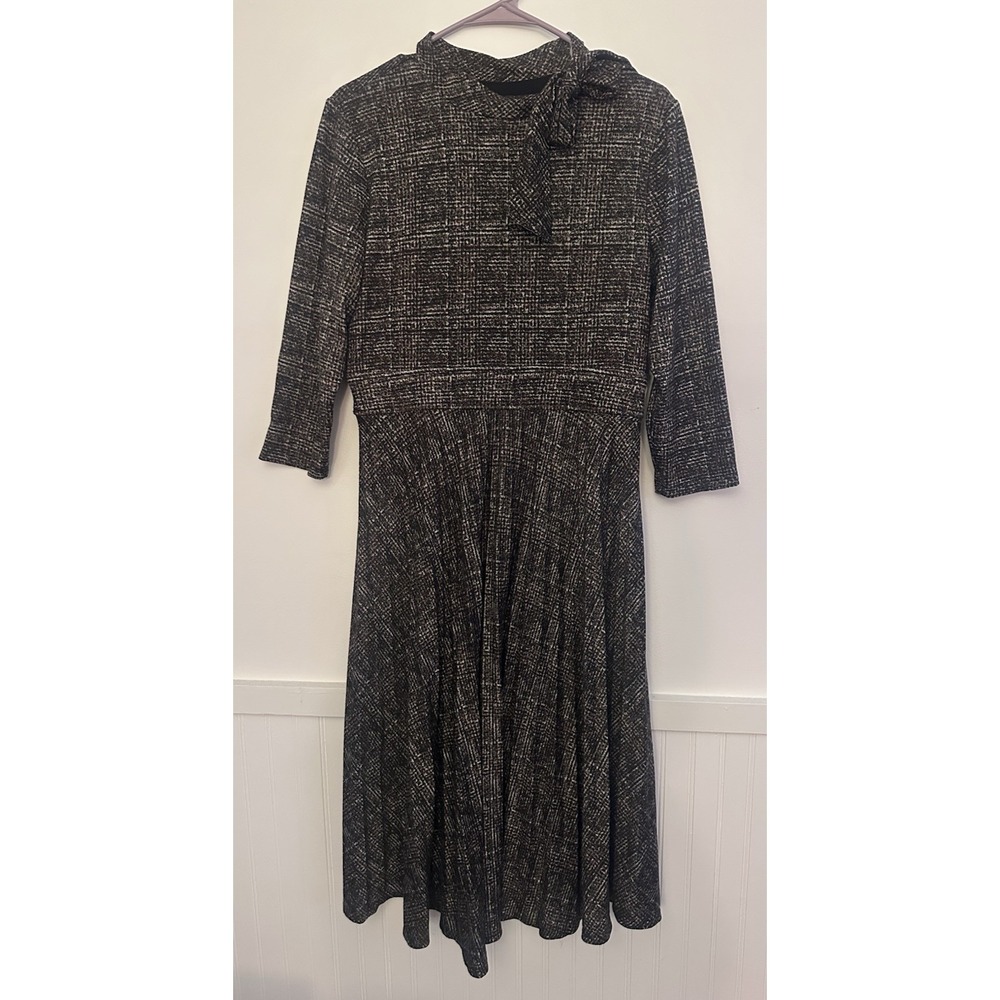 Robbie Bee Dress Womens L Black Brown 3/4 Sleeve Tie Neck Pleated Career 1940s